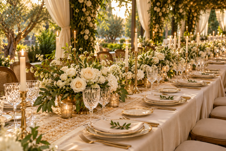 Candlelit wedding reception table with white flowers and gold-rimmed tableware