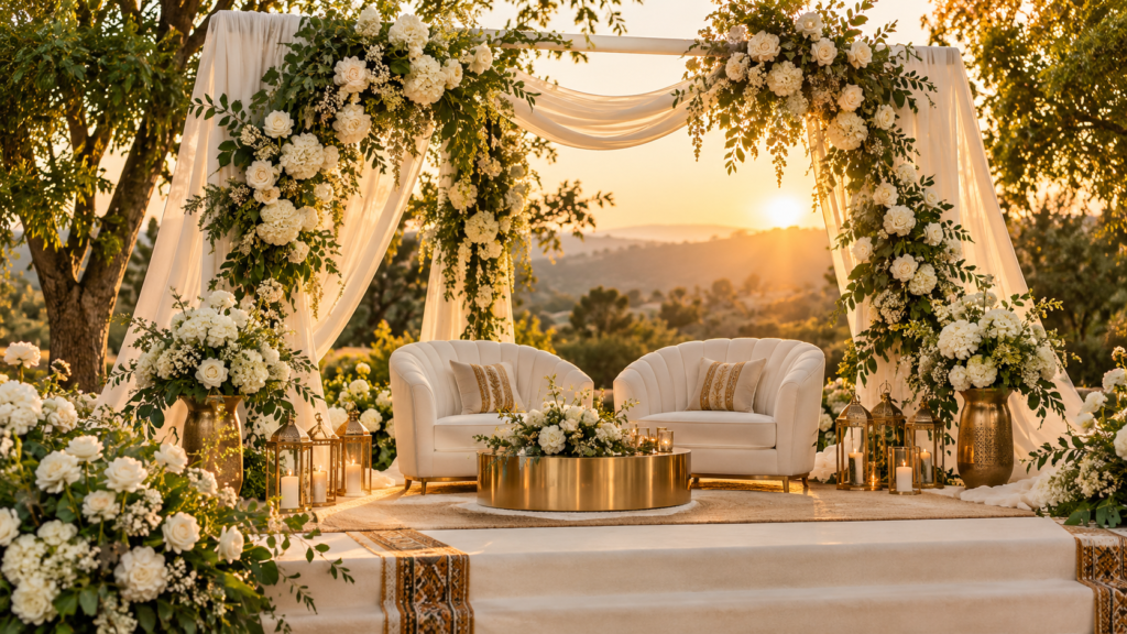 Outdoor wedding lounge framed by white flowers, drapery and gold accents