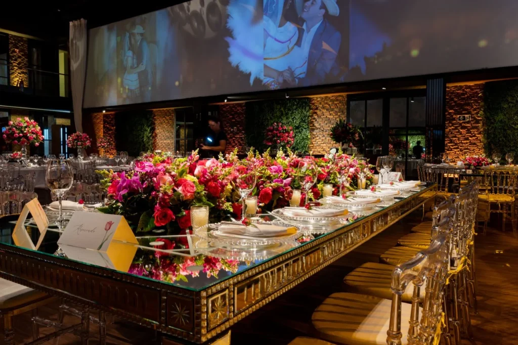 Wedding reception with floral table arrangements